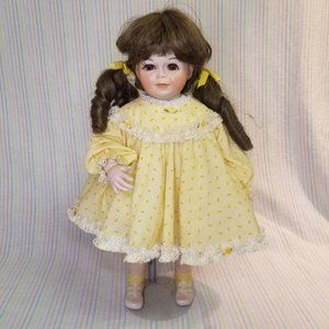 Vintage JDavis ? 1981 Porcelain Brunette Doll Metal Stand Floral Yellow Dress